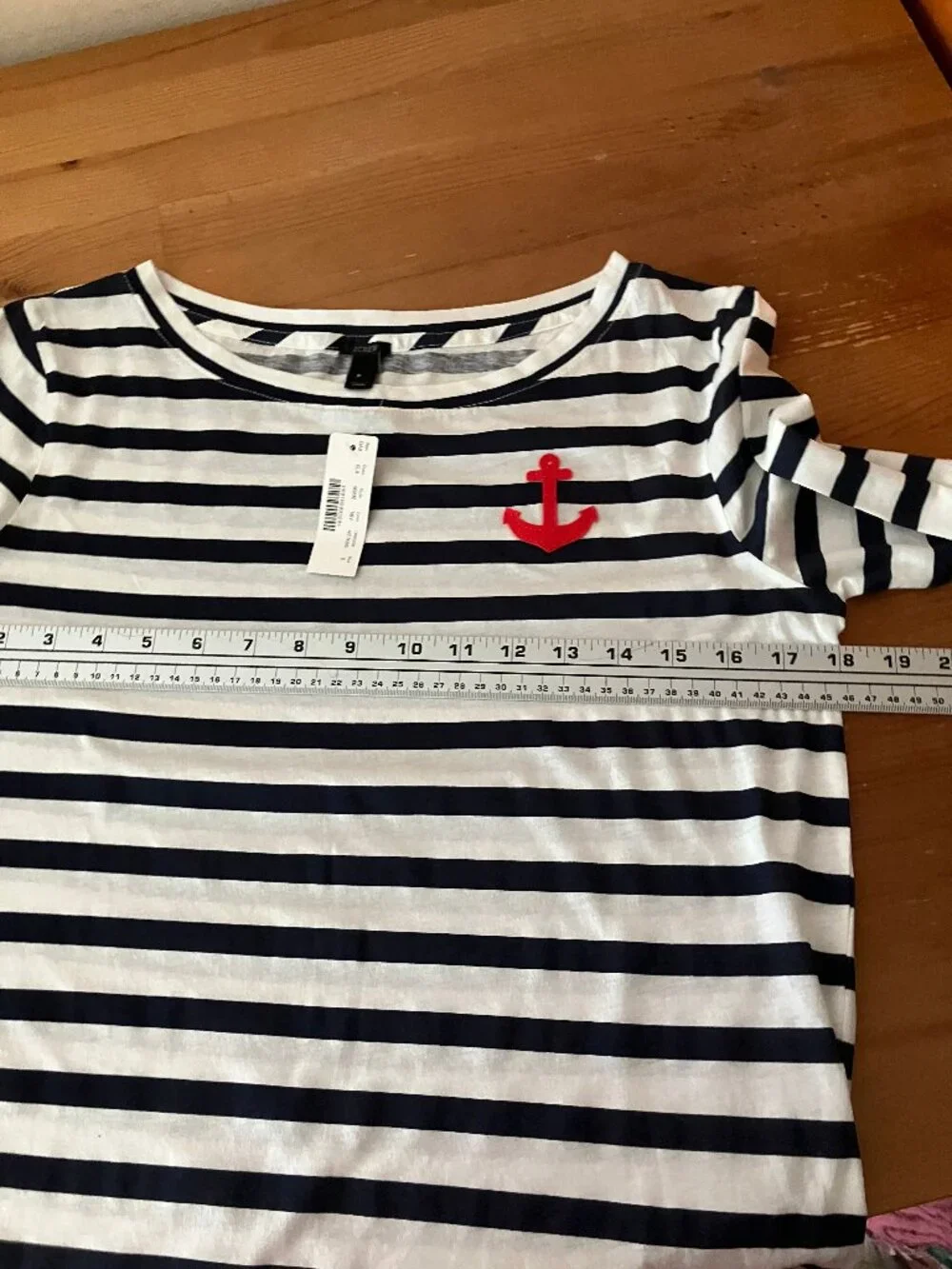 J.CREW Navy Blue/White striped T-shirt red anchor patch Cotton Boatneck Sz S